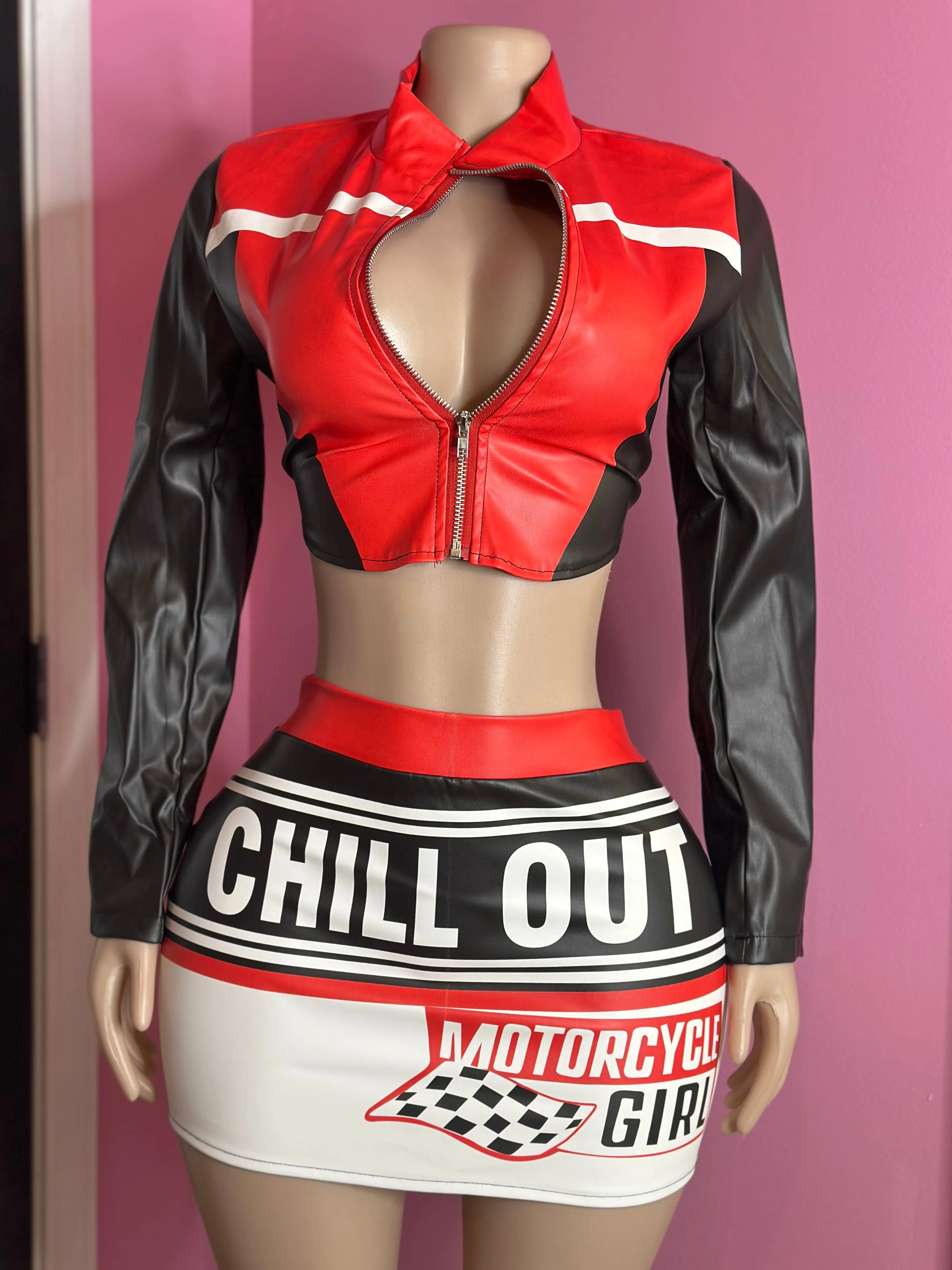 Chill Out Motorcycle Girl Skirt Set- Black/Red