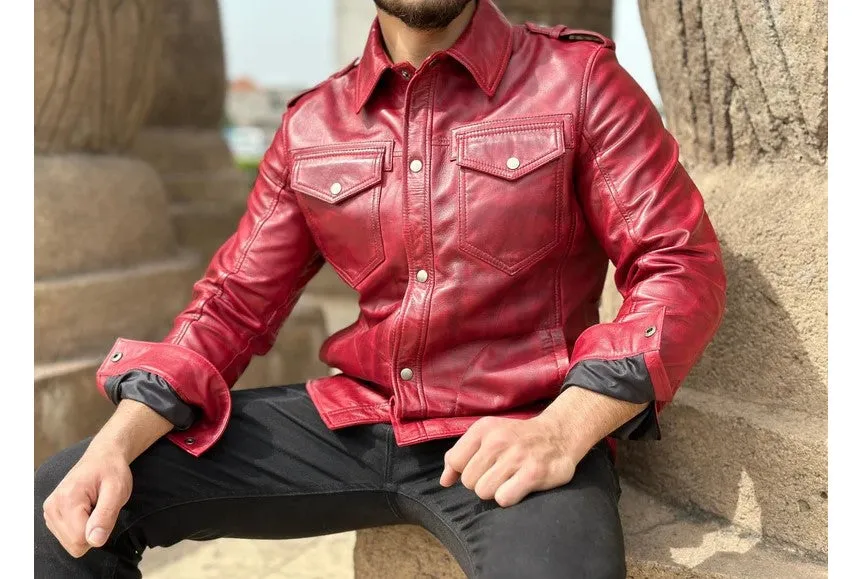 Dragon Genuine Red Leather Shirt Jacket Men Biker Motorcycle