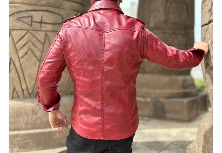Dragon Genuine Red Leather Shirt Jacket Men Biker Motorcycle