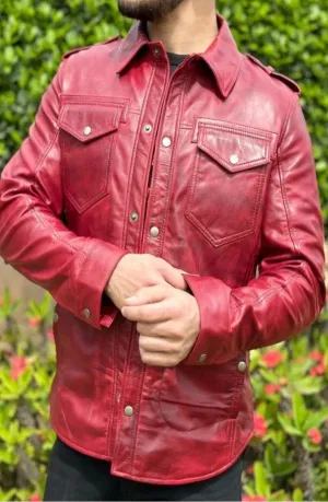 Dragon Genuine Red Leather Shirt Jacket Men Biker Motorcycle