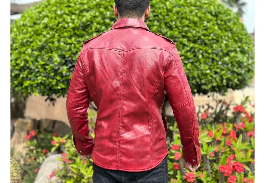 Dragon Genuine Red Leather Shirt Jacket Men Biker Motorcycle