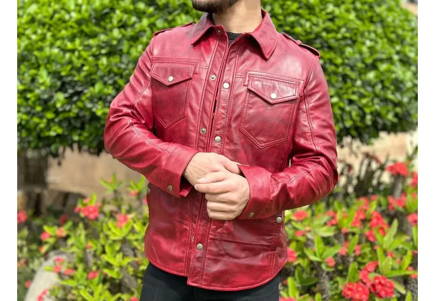 Dragon Genuine Red Leather Shirt Jacket Men Biker Motorcycle