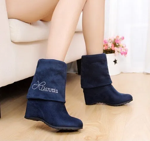 Letter Print Inside Wedge Round Toe Half Snow Martin Boots