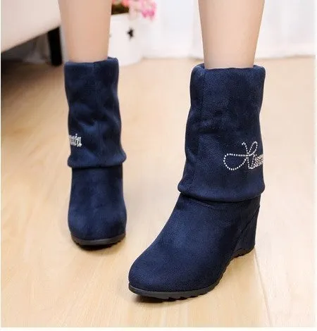 Letter Print Inside Wedge Round Toe Half Snow Martin Boots