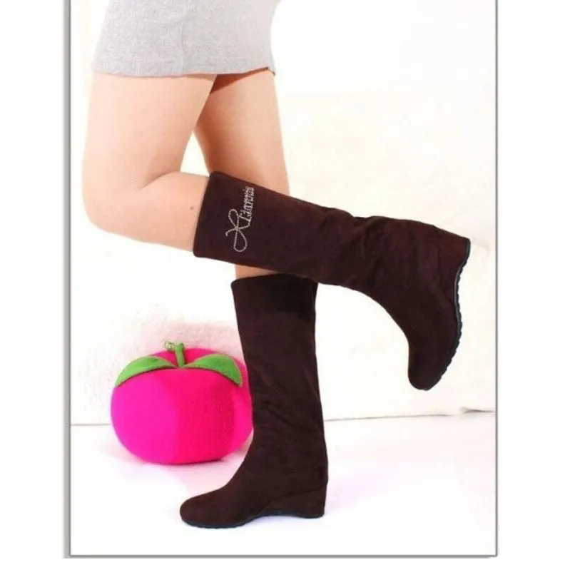 Letter Print Inside Wedge Round Toe Half Snow Martin Boots