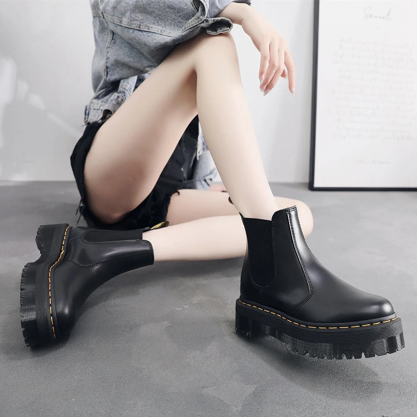 PEOPLETERRITORY Aberdeen 2976 Chelsea boots women's platform motorcycle boots women's British leather short boots muffin bottom one-pedal shoes
