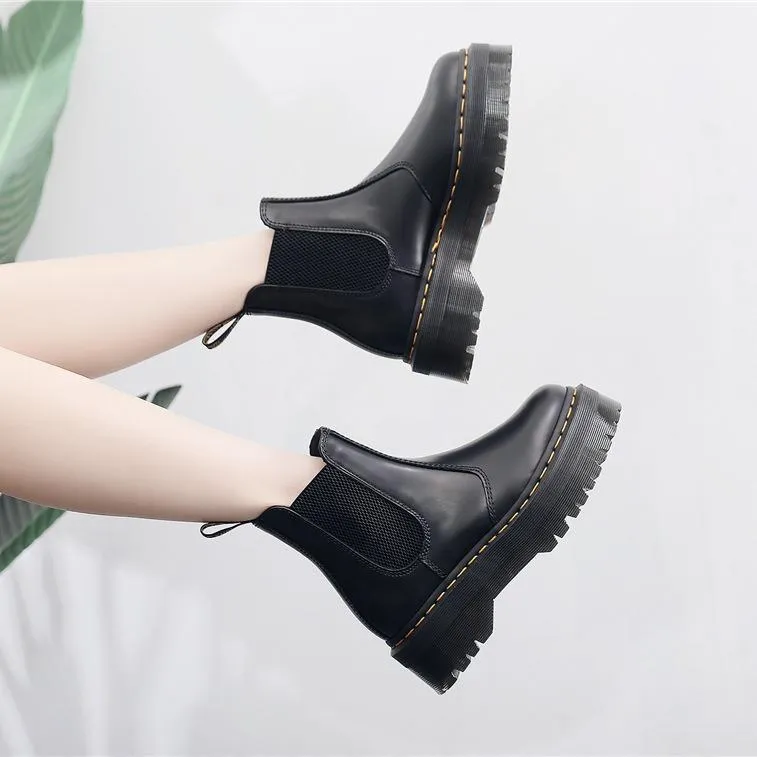 PEOPLETERRITORY Aberdeen 2976 Chelsea boots women's platform motorcycle boots women's British leather short boots muffin bottom one-pedal shoes