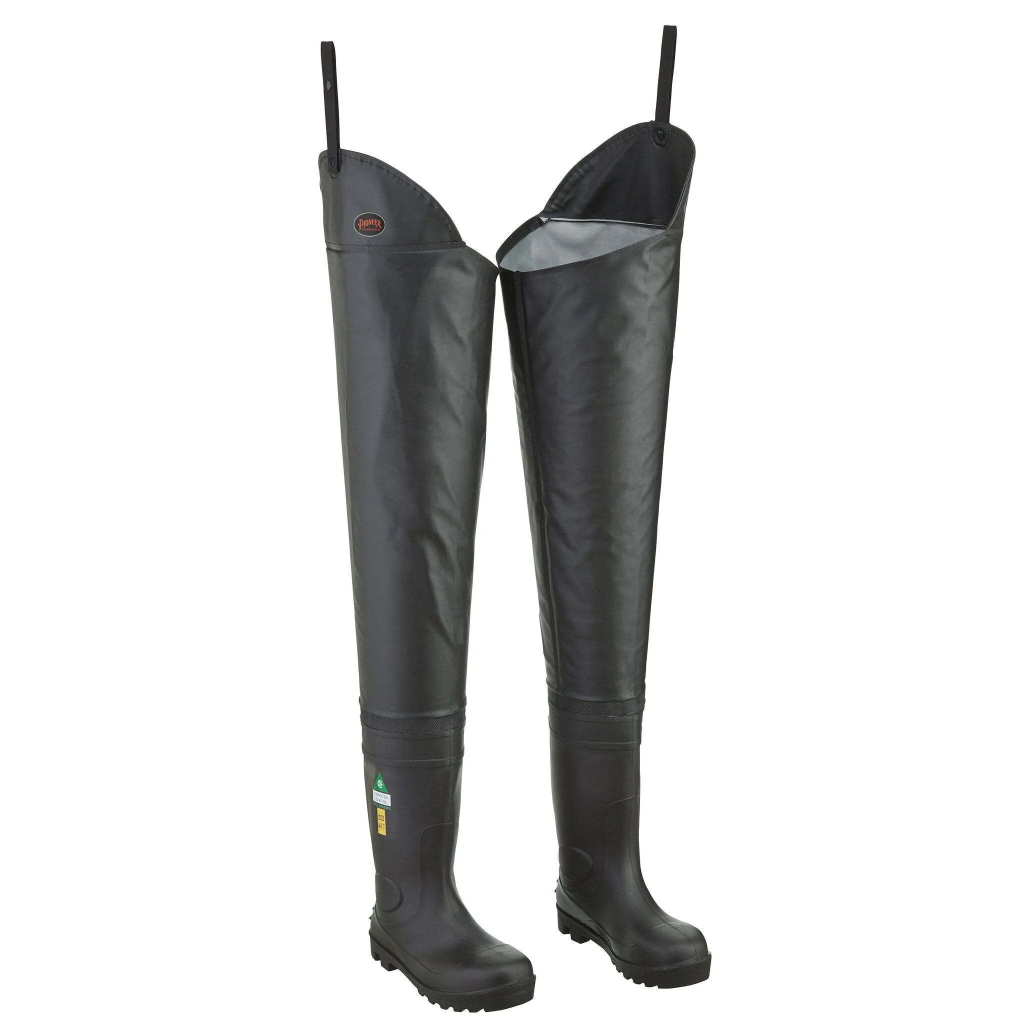 Pioneer Men's CSA Certified Safety Hip Waders, Waterproof PVC/Canvas, Steel Toe & Plate, Chemical Resistant, Heat-Sealed Seams | Sizes 8-13
