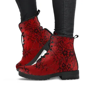 Red and Black Lace Print Vegan Leather Combat Boots (REG 25)