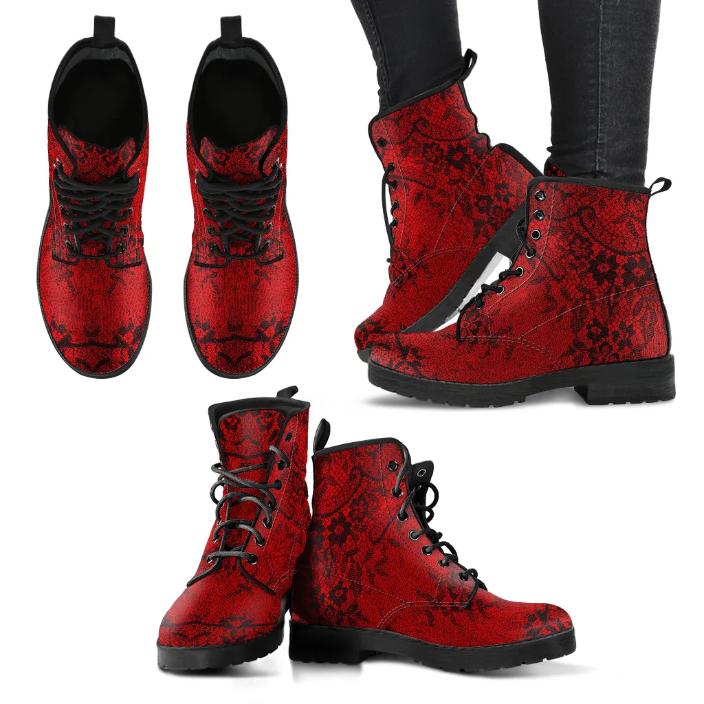 Red and Black Lace Print Vegan Leather Combat Boots (REG 25)