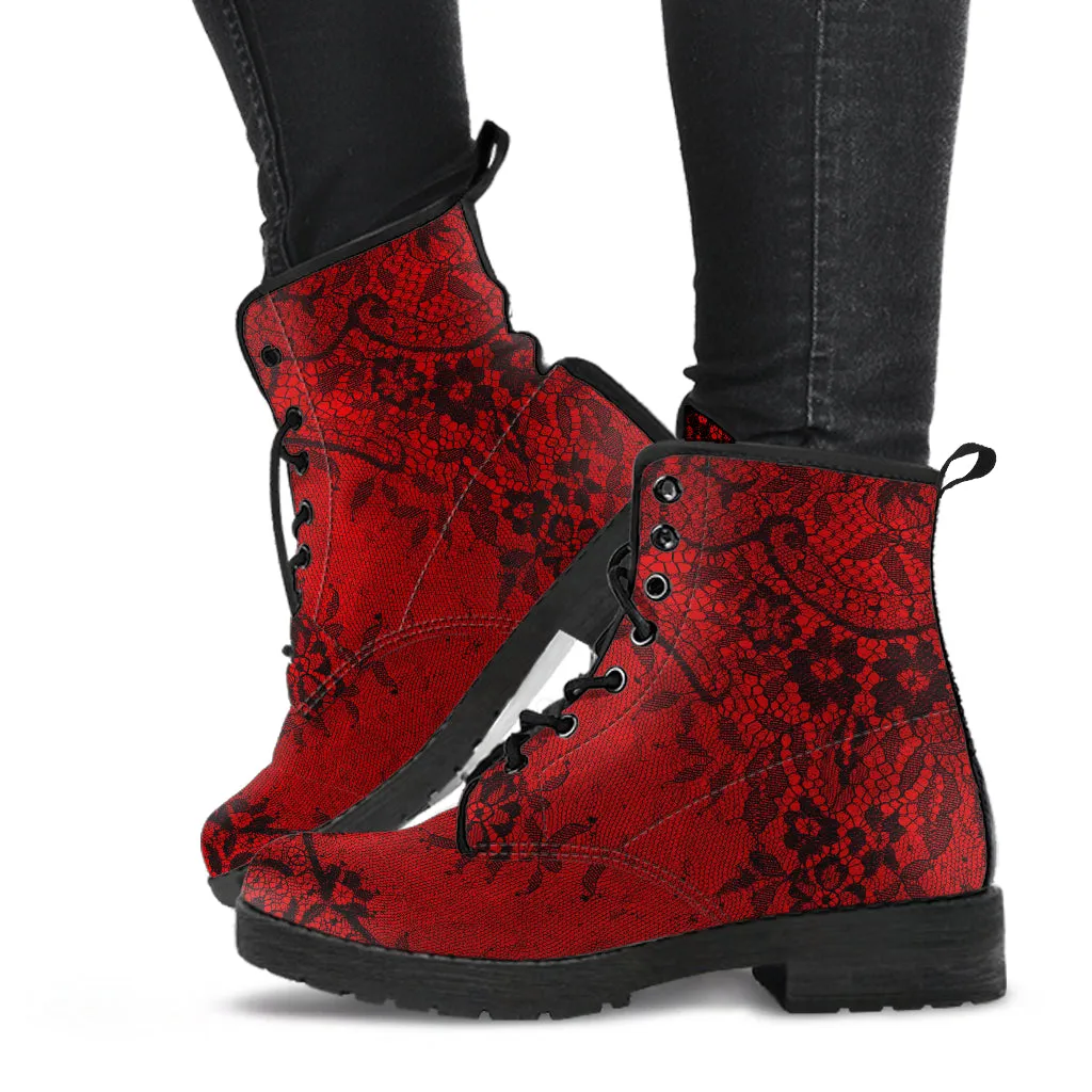 Red and Black Lace Print Vegan Leather Combat Boots (REG 25)