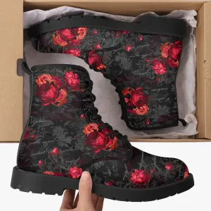 Red Roses and Writing Gothic Combat Boots -  Goth Rose Festival Boots (JPREG44)