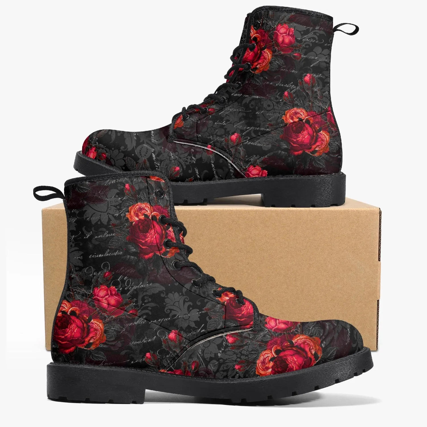 Red Roses and Writing Gothic Combat Boots -  Goth Rose Festival Boots (JPREG44)