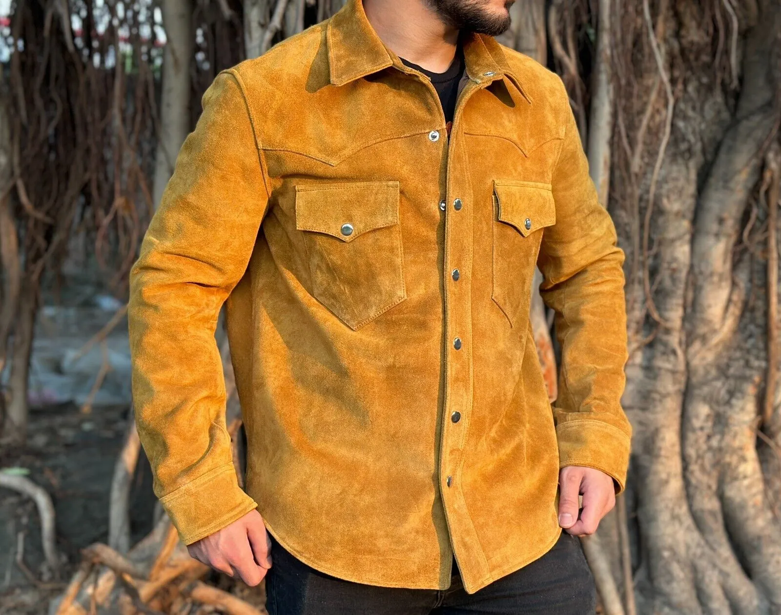 Rust Genuine Suede Leather Jacket Men Tan Biker Motorcycle