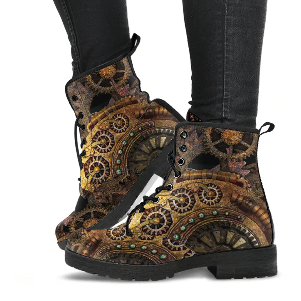 Steampunk Clockwork Gears Bronze Vegan leather Combat Boots - Vegan Leather Gothic Steampunk Boots (JPREGSTB)