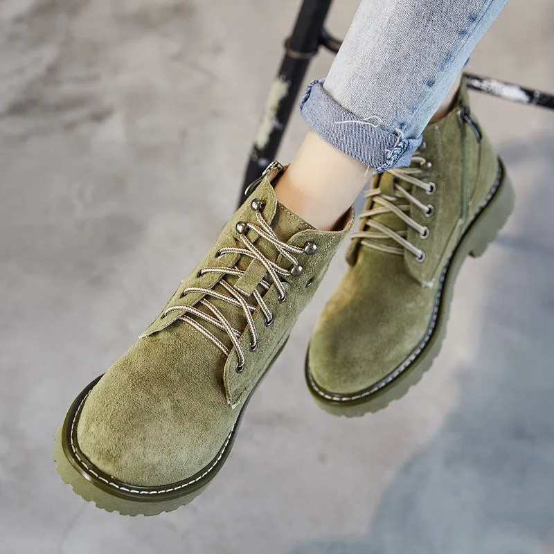 Suede Lace Up Round Toe British Motorcycle Short Boots