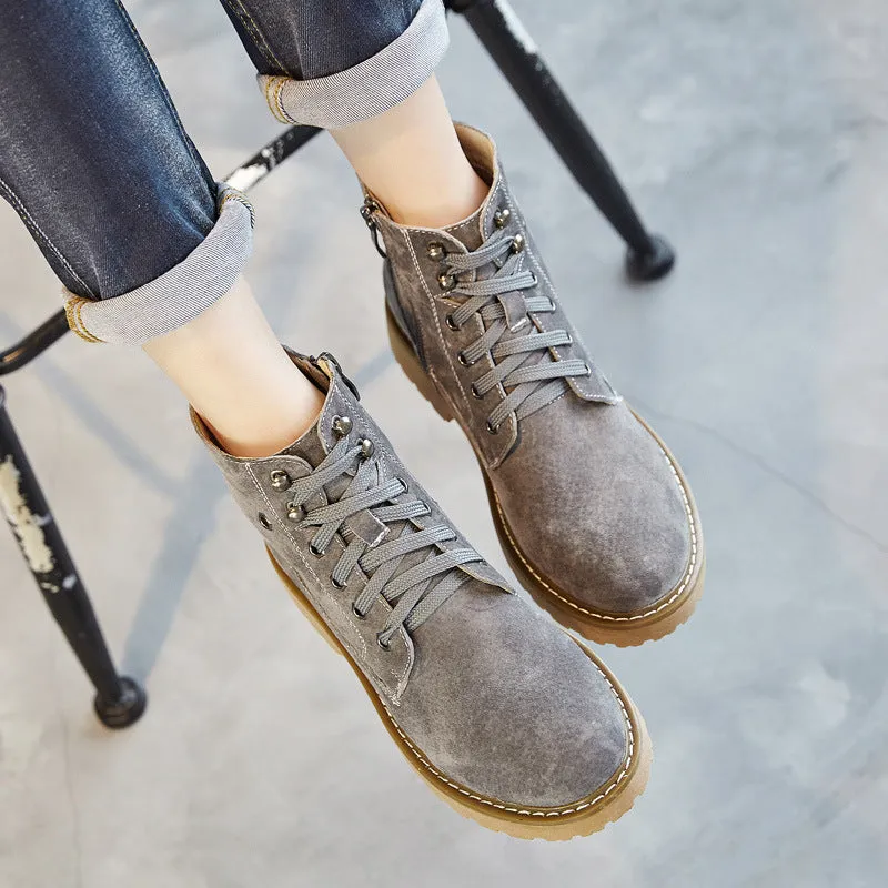 Suede Lace Up Round Toe British Motorcycle Short Boots