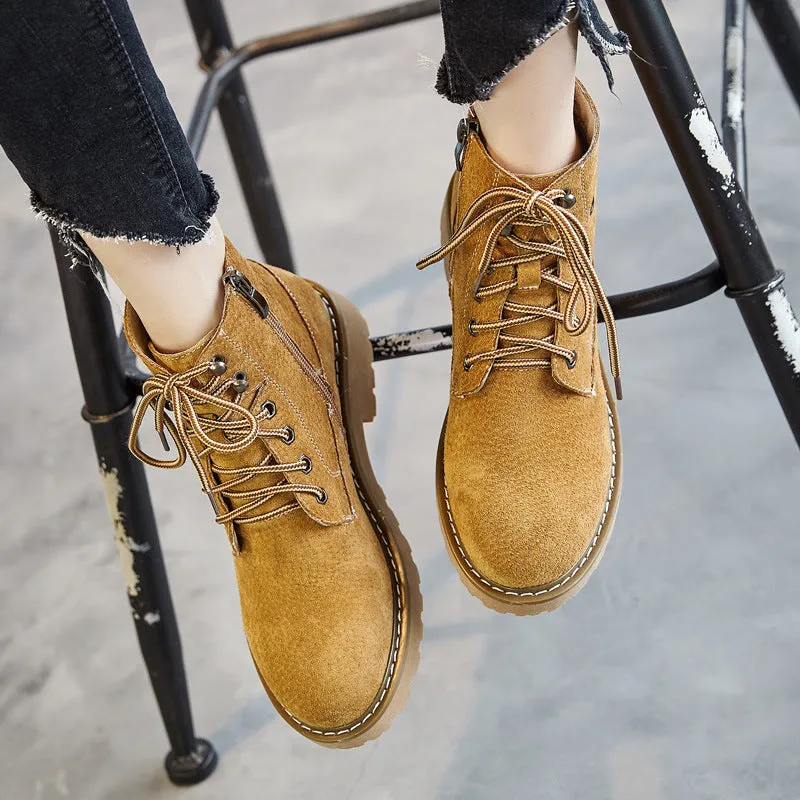 Suede Lace Up Round Toe British Motorcycle Short Boots