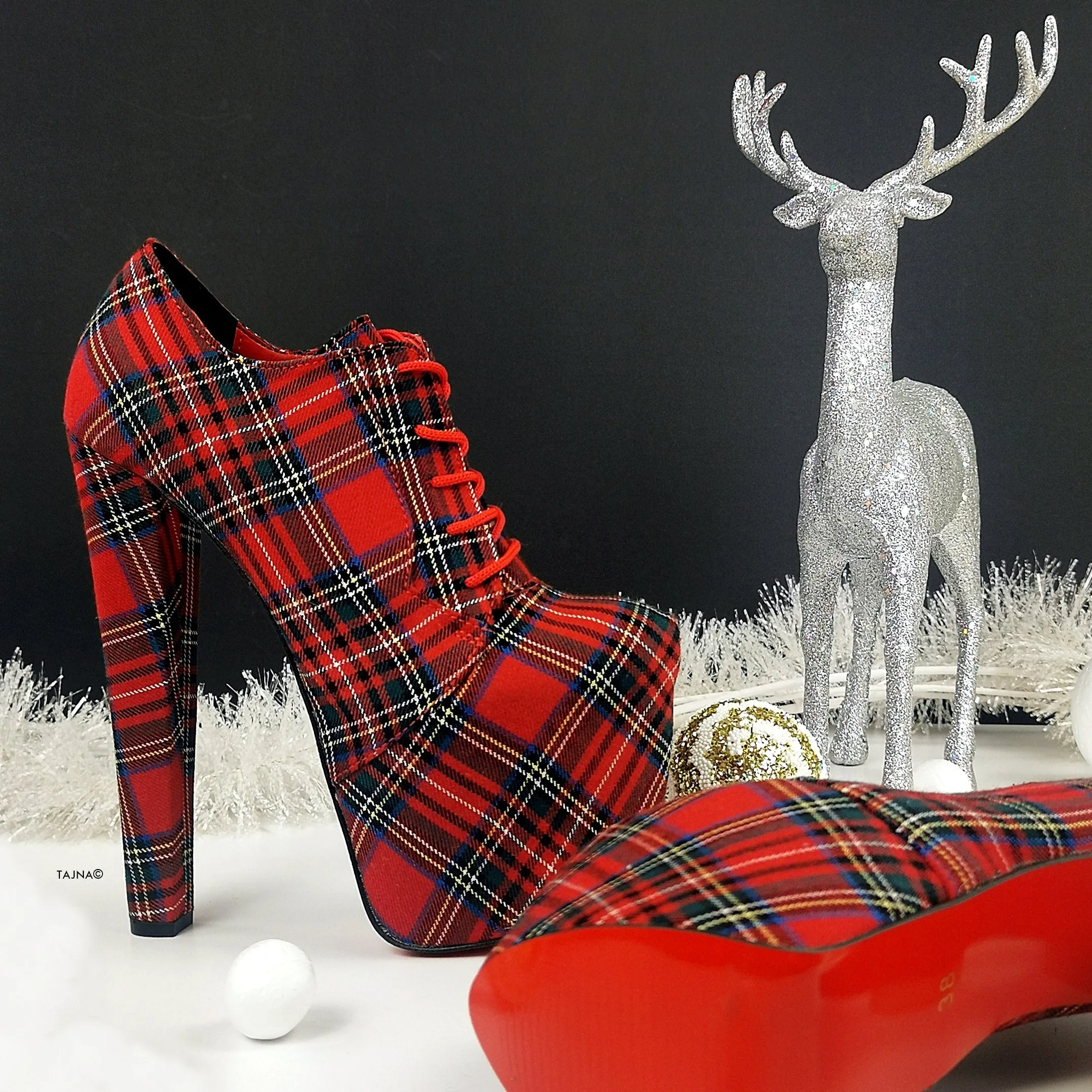Tartan Red Plaid Oxford Chunky High Heels