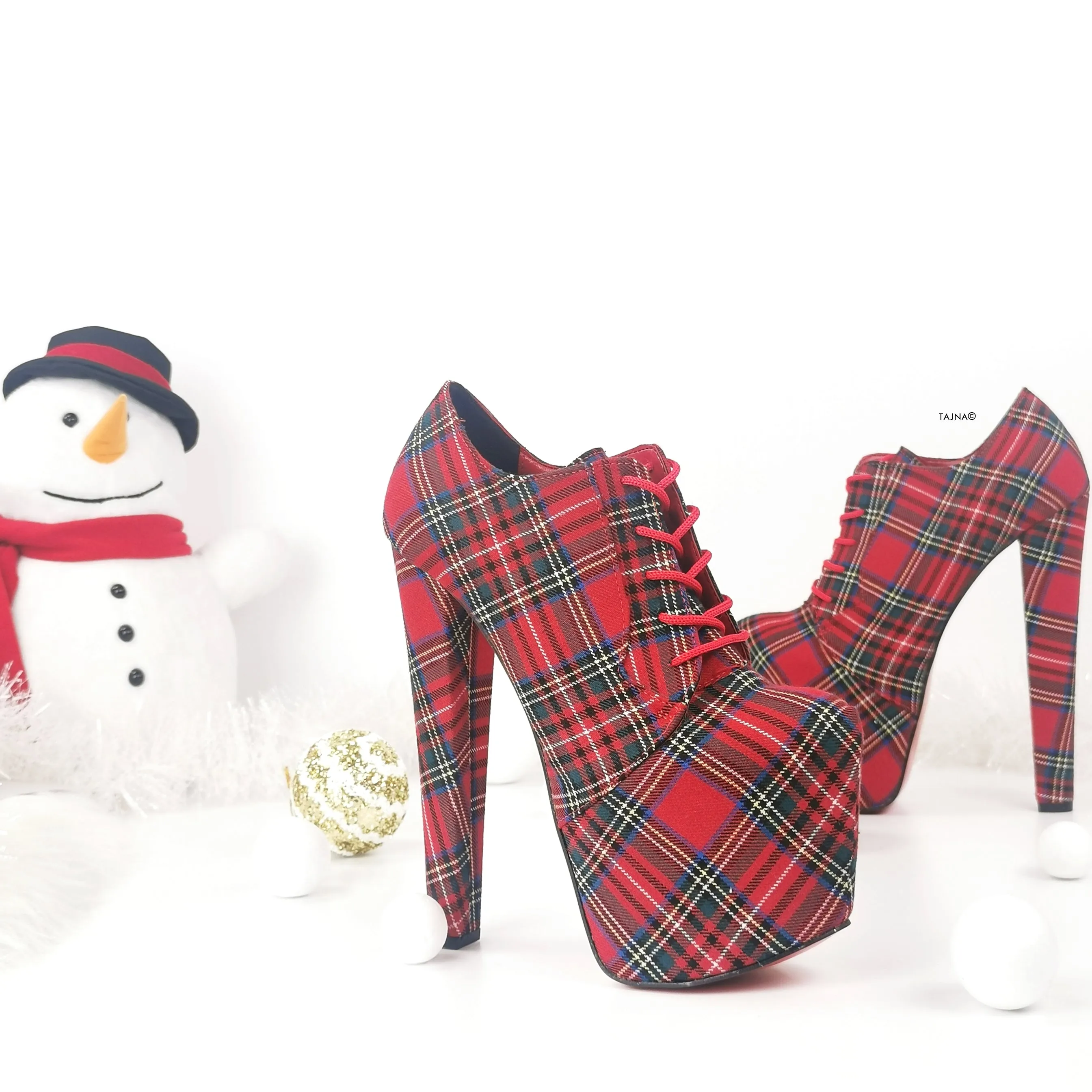 Tartan Red Plaid Oxford Chunky High Heels