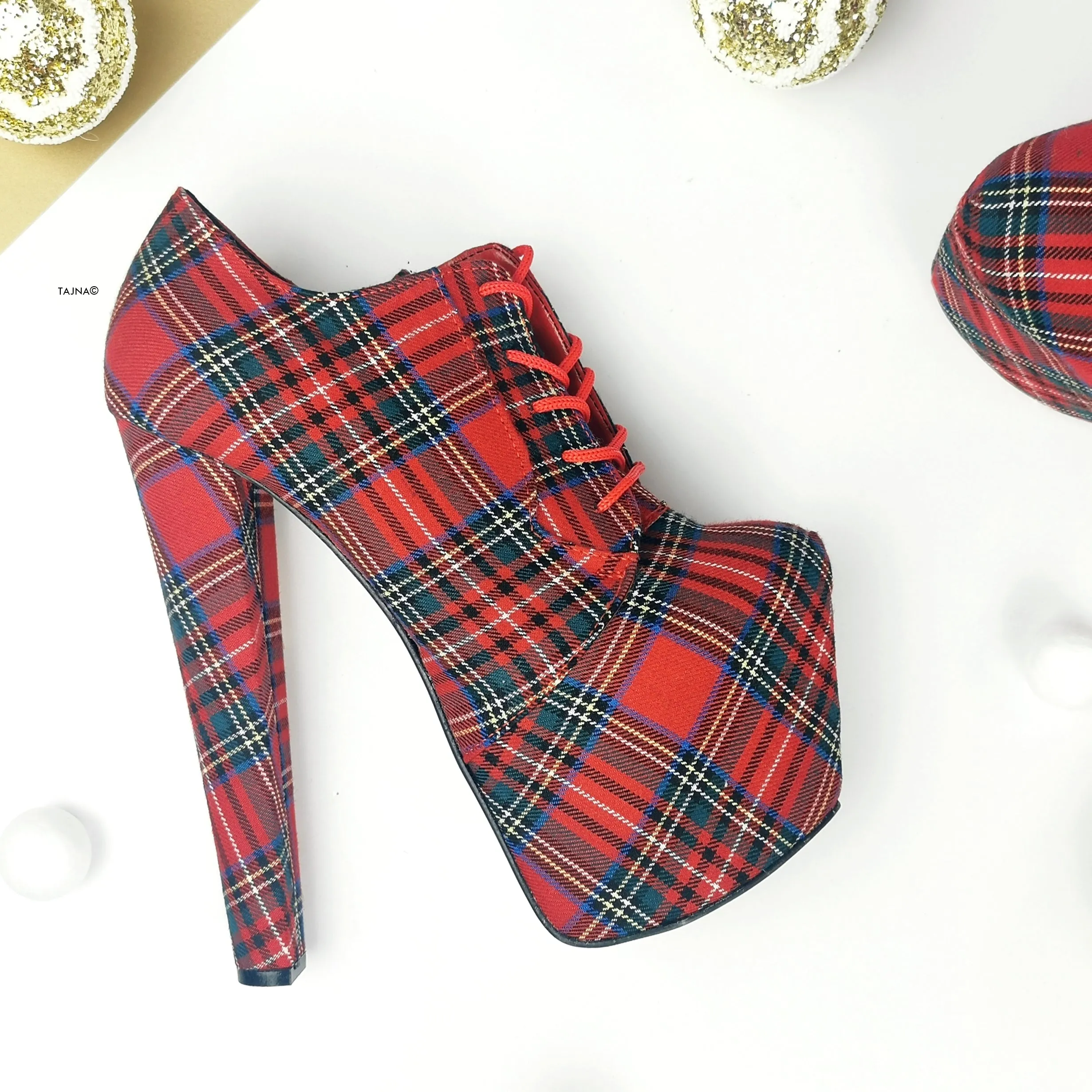 Tartan Red Plaid Oxford Chunky High Heels