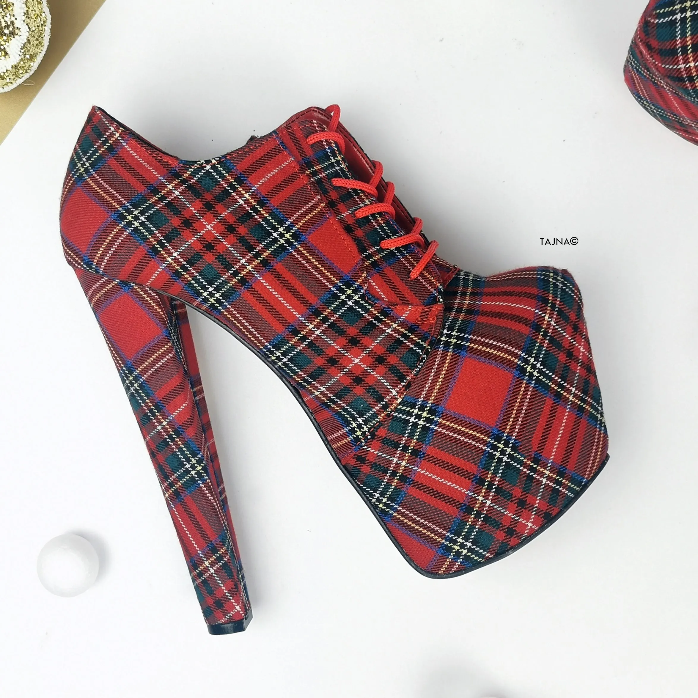 Tartan Red Plaid Oxford Chunky High Heels