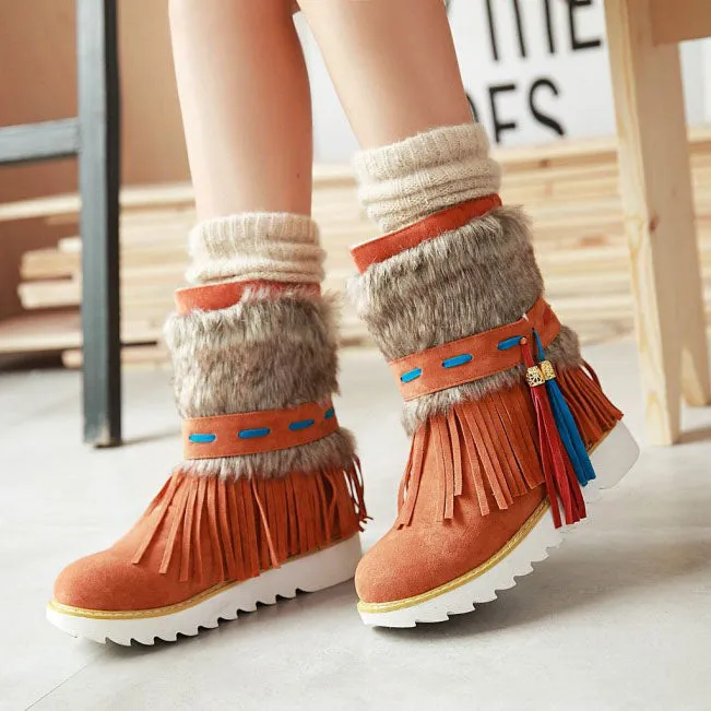 Tassels Round Toe Flat Short Snow Boots