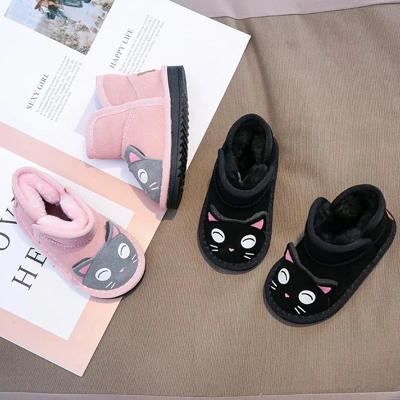 Toddler Kids Unisex Adorable Cat  Snow Boots Pink and Black