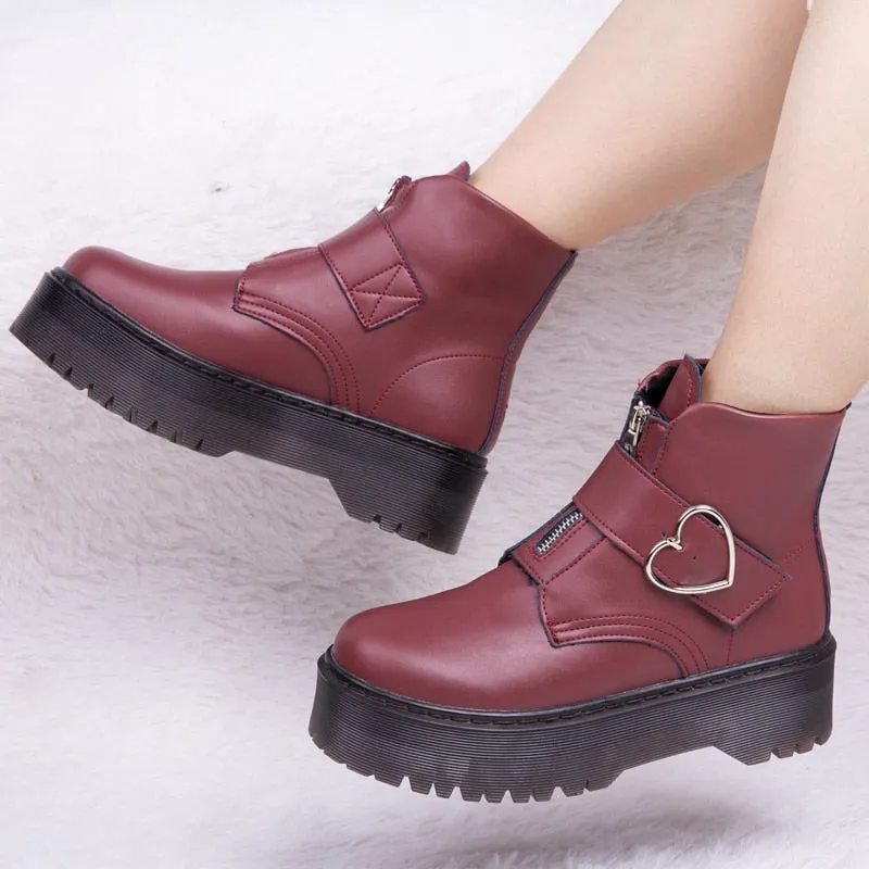 Women Heart Button Buckle Strip Ankle Martin Boots