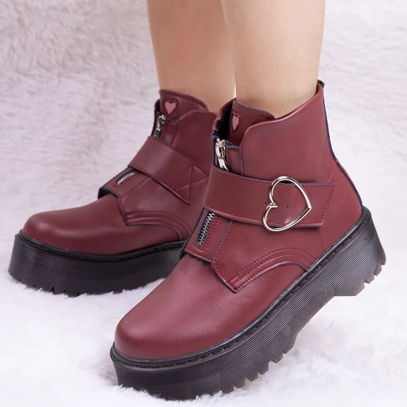 Women Heart Button Buckle Strip Ankle Martin Boots