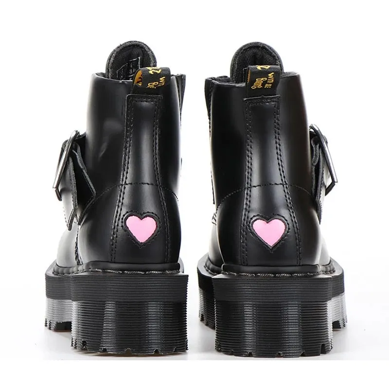Women Heart Button Buckle Strip Ankle Martin Boots