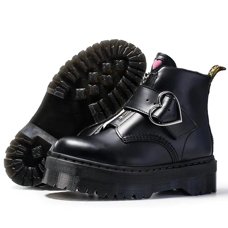 Women Heart Button Buckle Strip Ankle Martin Boots
